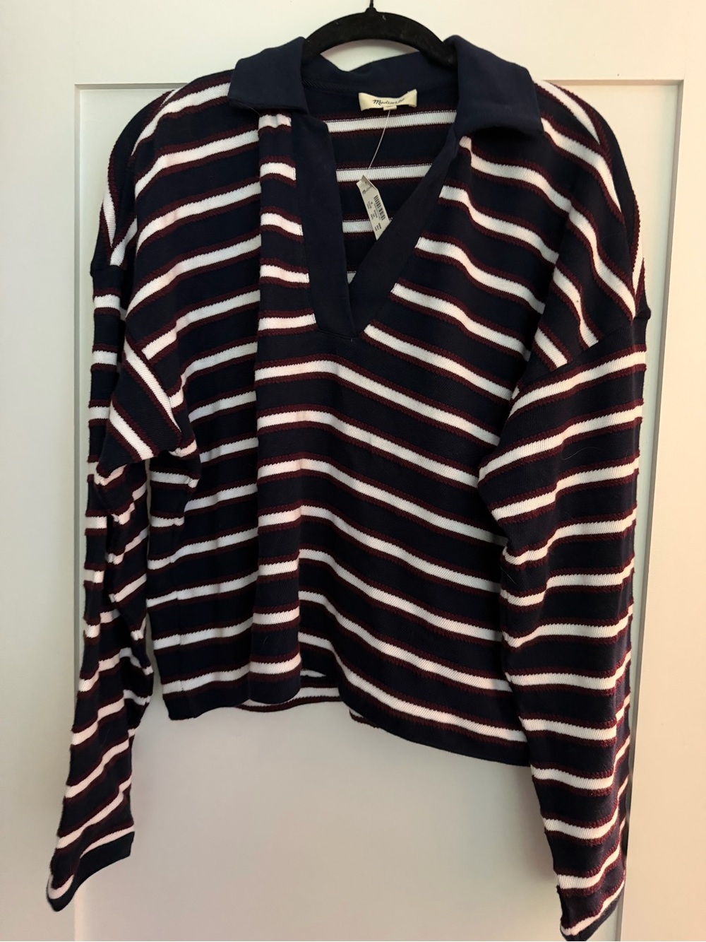Madewell Navy, White & Burgundy Striped V-Neck Polo Sweater